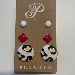 3 Plunder White, Red & Leopard Print Earrings Trio!!! NEW /SEALED